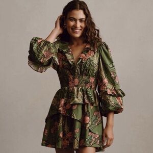 Anthropologie Green and Pink Floral Mini Dress